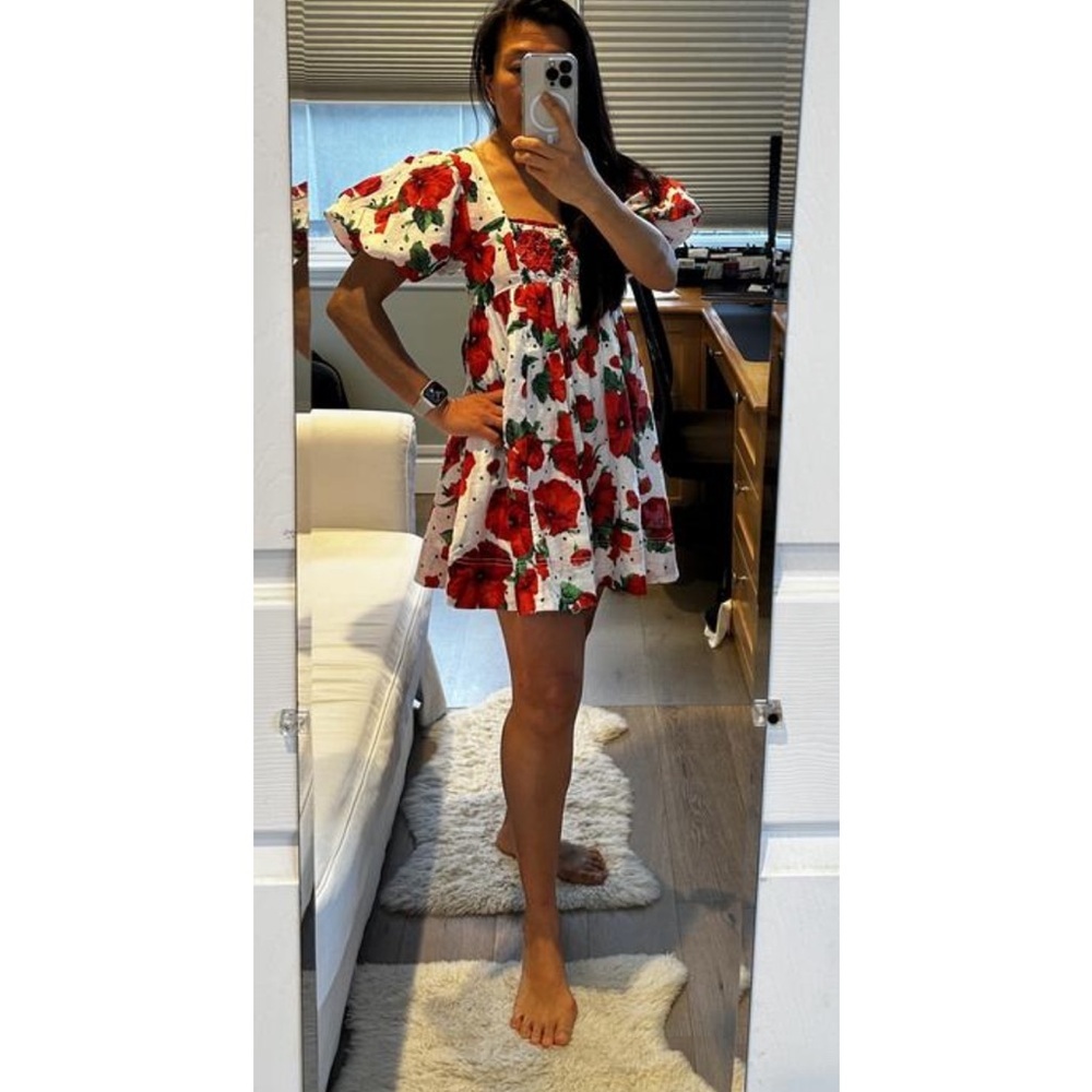 Great condition size M Maeve Red and White Floral Mini Dress. Babydoll. Smocked - Picture 16 of 16